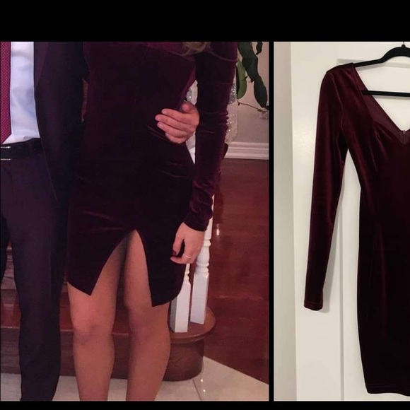 Hot Miami Styles Maroon Velvet Bodycon Dress with Slit NYE size 2-4 - Picture 3 of 4